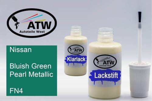 Nissan, Bluish Green Pearl Metallic, FN4: 20ml Lackstift + 20ml Klarlack - Set, von ATW Autoteile West.